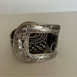 Simons Black and Silver Floral Buckle Belt Womens large